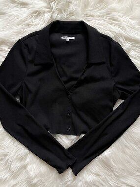 Reformation Black Micro Crop Lettuce Hem V-Neck Collar Long Sleeve Top